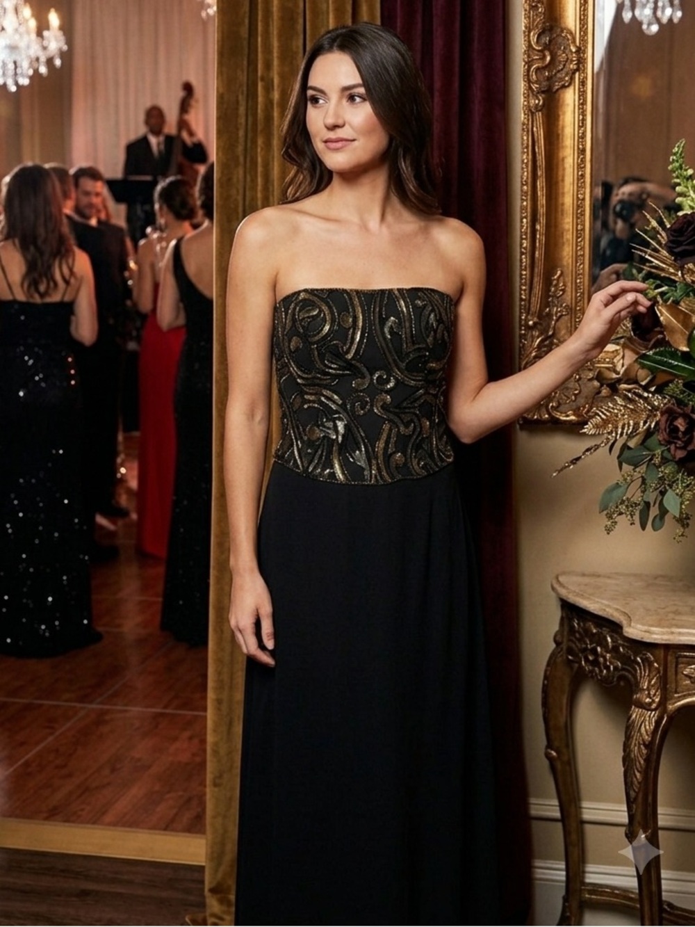 Vintage Bob Mackie Size 8 Black Velvet Gown with Gold Embellisments